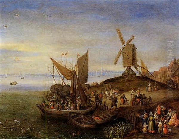 Paesaggio Olandese Con Mulino A Vento E Barche All'approdo Oil Painting by Jan Frans van Bredael the Elder