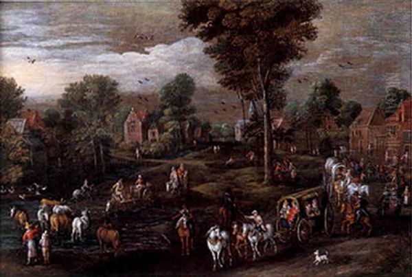 Vue De L'entree D'une Ville Flamande Avec Carrioles Et Paysans Oil Painting by Jan Frans van Bredael the Elder