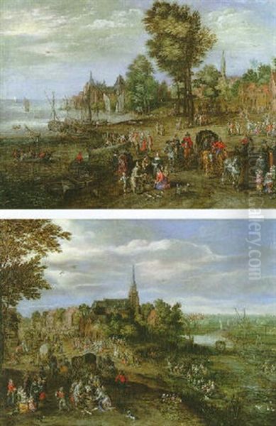 Paysage Fluviaux Animes De Bateaux, Carrioles Et Personnages Oil Painting by Jan Frans van Bredael the Elder