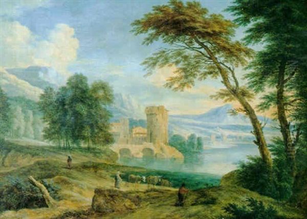 Paysage De Riviere Domine Par Une Tour Et Anime De Bergers Oil Painting by Jan Frans van Bredael the Elder