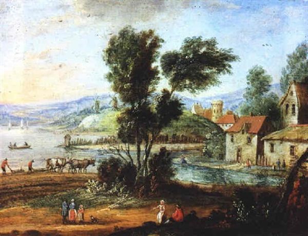 Landschaft Mit Windmuhlen Und Ein Dorf An Einem Flus Oil Painting by Jan Frans van Bredael the Elder