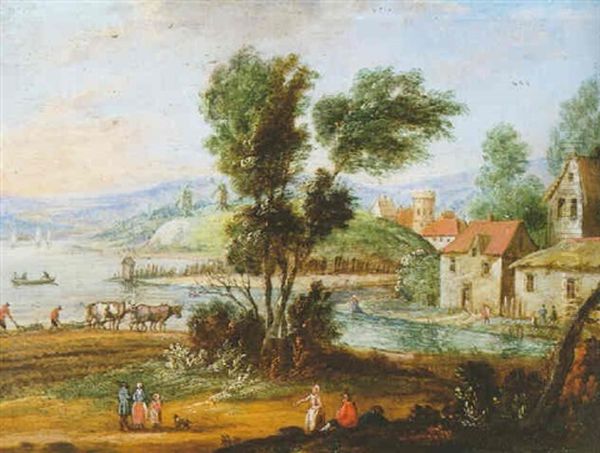 Landschaft Mit Windmuehlen Und Ein Dorf An Einem Fluss Oil Painting by Jan Frans van Bredael the Elder