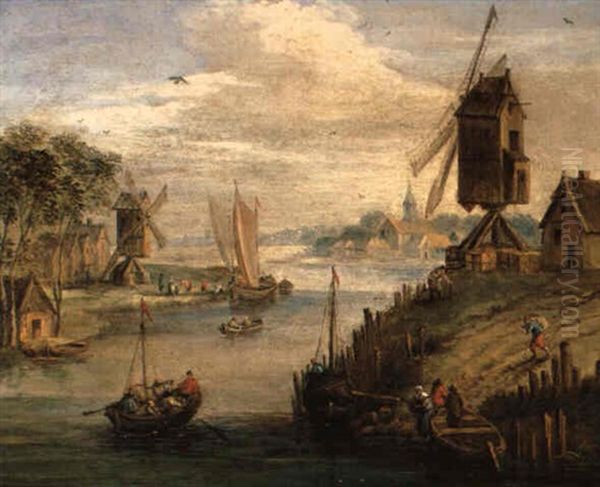 Fluslandschaft Mit Einer Windmuhle Und Booten Oil Painting by Jan Frans van Bredael the Elder