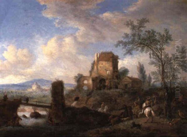 A Rural Landscape With A Stag Hunt Converging On The The Banks Of A River Oil Painting by Jan Frans van Bredael the Elder