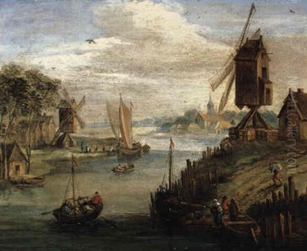 Fluslandschaft Mit Einer Windmuhle Und Booten Oil Painting by Jan Frans van Bredael the Elder