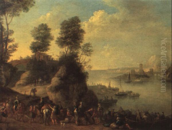 Estuary Landscape With Figures Unloading Small Boats Oil Painting by Jan Frans van Bredael the Elder