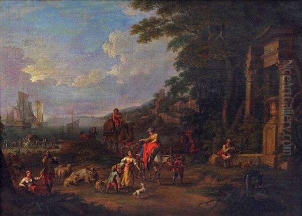 Figures And Animals Beside A Classical Ruin Oil Painting by Jan Peter van Bredael the Elder