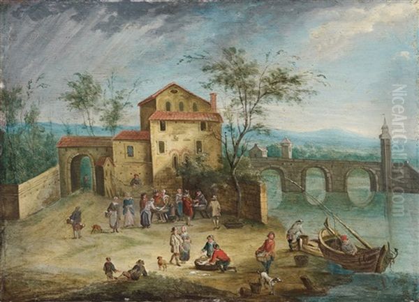 River Landscape With House And Bridge Oil Painting by Jan Peter van Bredael the Elder