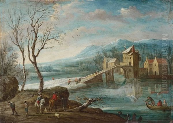 Winter Landscape With River And Bridge Oil Painting by Jan Peter van Bredael the Elder