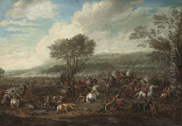 A Cavalry Skirmish Oil Painting by Jan Peter van Bredael the Elder