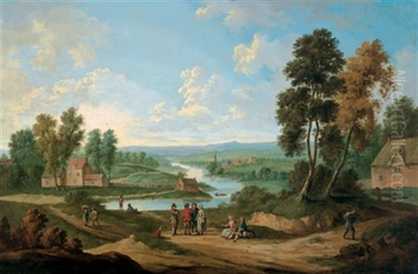 Weite Flusslandschaft Mit Bauernhausern Und Figuren Oil Painting by Jan Peter van Bredael the Elder