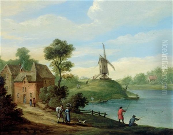 Hauser Und Eine Windmuhle An Einem Fluss Mit Figuren Oil Painting by Jan Peter van Bredael the Elder