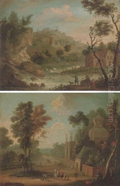 A Landscape With Figures On A Track By A Country House (+ A Mountainous River Landscape With Hunters By A Waterfall; Pair) Oil Painting by Jan Peter van Bredael the Elder