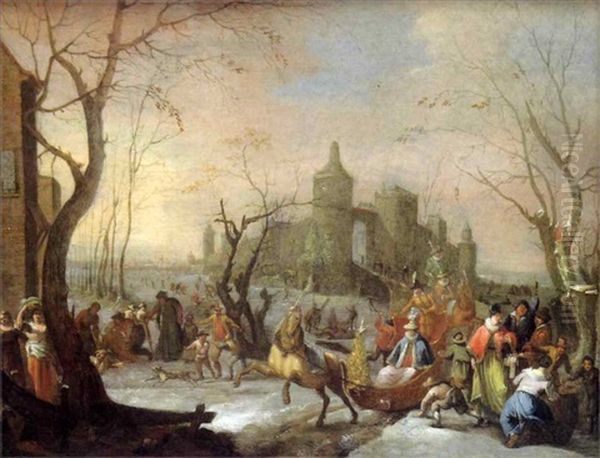 Traineau Et Patineurs Devant Un Village Fortifie Sous La Neige Oil Painting by Jan Peter van Bredael the Elder