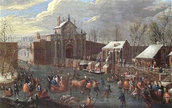 A Winter Scene With Elegant Figures Skating And A Horse-drawn Sleigh On A Frozen Canal Outside A City Gate by Jan Peter van Bredael the Elder