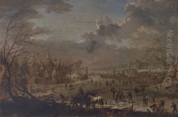 A Winter Landscape With Villagers Skating On A Frozen River And Wood Gatherers With A Horse And Wagon In The Foreground, A Castle Beyond Oil Painting by Jan Peter van Bredael the Elder