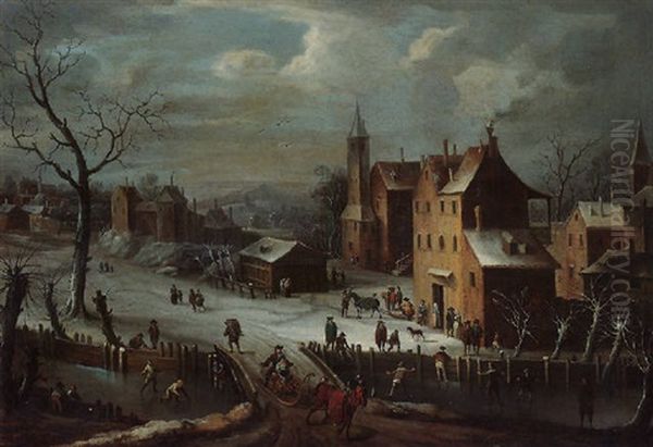 A Winter Scene With Villagers Skating On A Frozen River, A Horse-drawn Sleigh Crossing A Bridge In The Foreground Oil Painting by Jan Peter van Bredael the Elder