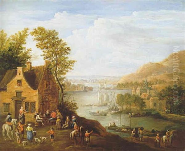 Reisende Vor Einem Wirtshaus Am Fluss Oil Painting by Jan Peter van Bredael the Elder