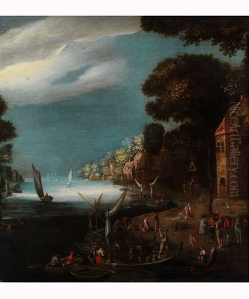 Meeresbucht Mit Ufergebauden Und Figurenstaffage Oil Painting by Jan-Peter van Bredael the Younger