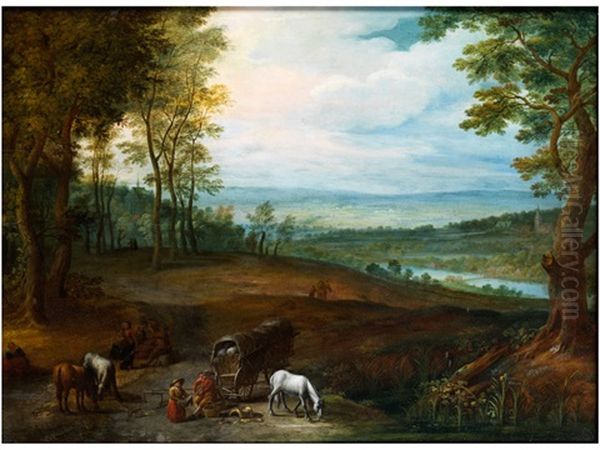 Weite Landschaft Mit Rastendem Fuhrwerk Und Einem Grasenden Schimmel Oil Painting by Jan-Peter van Bredael the Younger