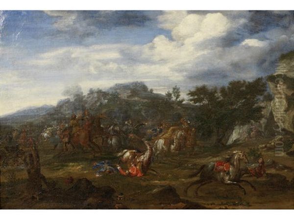 A Cavalry Skirmish Oil Painting by Jan-Peter van Bredael the Younger