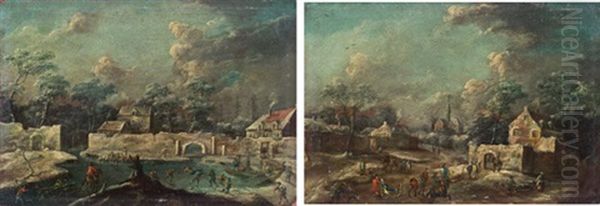 Pendants - Winterlandschaft Mit Pferdeschlitten Und Winterlandschaft Mit Eislaufern (pair) Oil Painting by Jan-Peter van Bredael the Younger