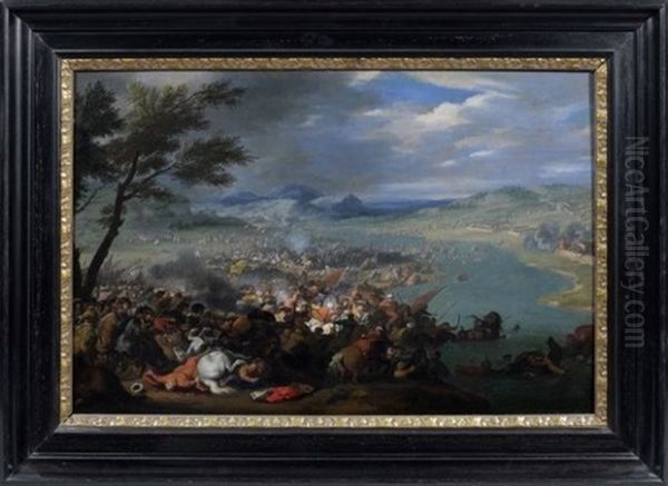 Bataille Au Bord Du Danube Entre L'armee Turque De Kara Mustapha Et Celle De Jean Sobieski, Roi De Pologne Oil Painting by Jan-Peter van Bredael the Younger