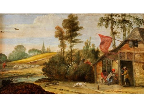 Baumlandschaft Mit Einer Anhohe Und Einer Wirtshauskate Mit Figurenstaffage Oil Painting by Jan-Peter van Bredael the Younger