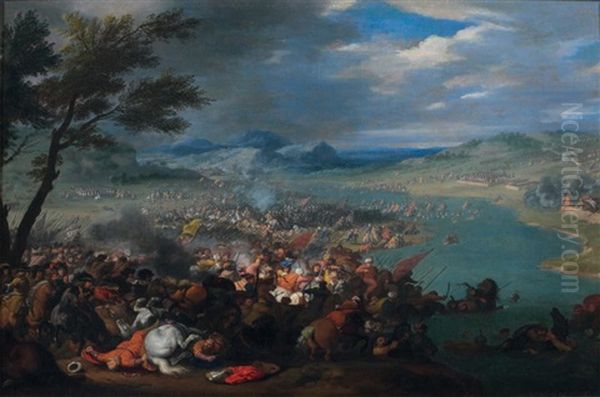 Bataille Au Bord Du Danube Entre L'armee Turque De Kara Mustapha Et Celle De Jean Sobieski, Roi De Pologne Oil Painting by Jan-Peter van Bredael the Younger