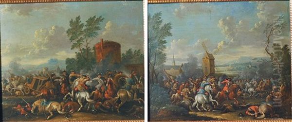 Escarmouche D'un Cavalier Devant Un Moulin (+ L'attaque D'un Convoi; 2 Works) Oil Painting by Jan-Peter van Bredael the Younger