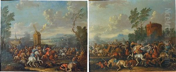 Escarmouche De Cavaliers Devant Un Moulin (+ L'attaque Du Convoi; 2 Works) Oil Painting by Jan-Peter van Bredael the Younger