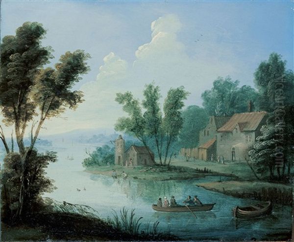 Flusslandschaft Mit Ruderboot Und Gehoft Oil Painting by Jan-Peter van Bredael the Younger