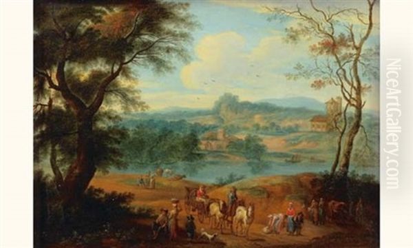 Paysage De Campagne Traverse Par Une Riviere Avec Carriole Et Villageois Oil Painting by Jan-Peter van Bredael the Younger