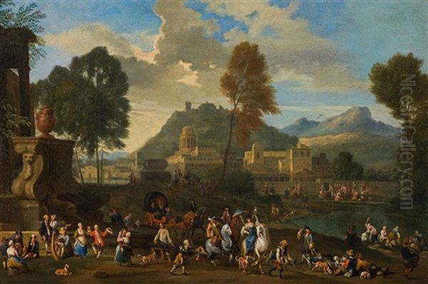 Landscape With Dancing Peasants And Noble Hunting Company Oil Painting by Alexander van Bredael