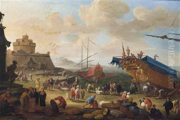 A Capriccio Of A Mediterranean Harbour By A Fortified Town, With Merchants And Figures Loading Cargo Near The Monument Of The Four Moors Of Livorno, A Mountain Beyond Oil Painting by Alexander van Bredael