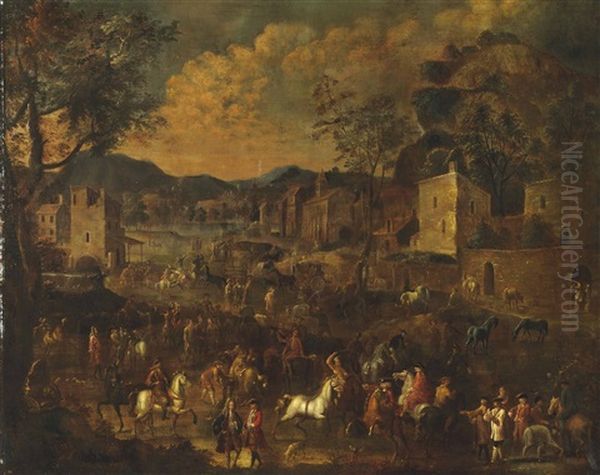 A Horse Fair In A Village, A Lake And Mountains Beyond Oil Painting by Alexander van Bredael