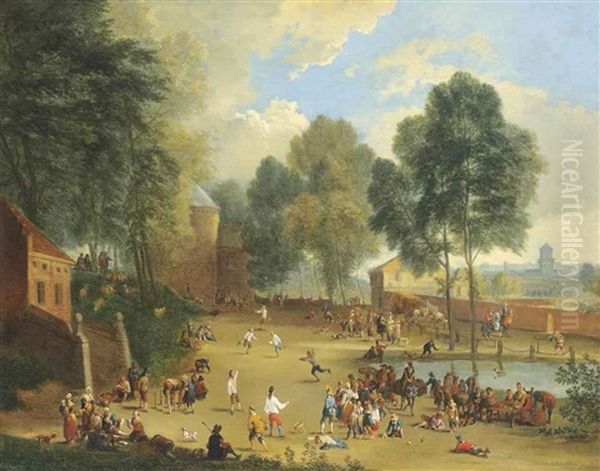 A Village Landscape With Figures Playing Ball Games Oil Painting by Alexander van Bredael