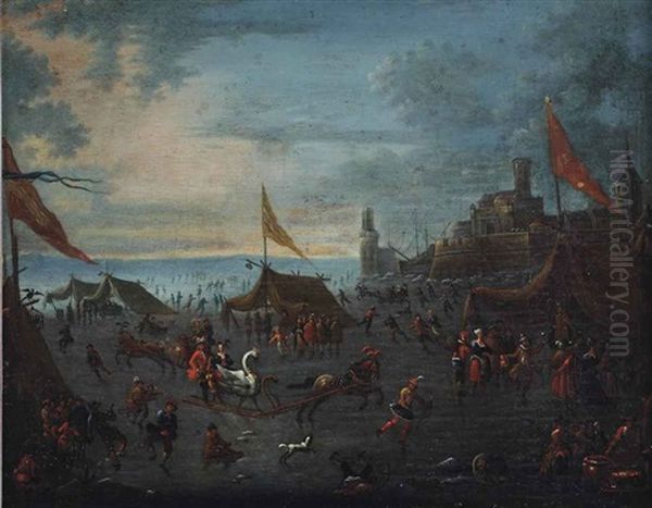 Festivities On The Ice, A City In The Background Oil Painting by Alexander van Bredael