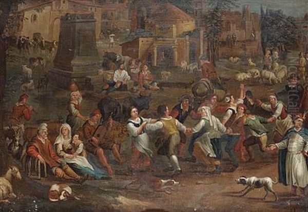 Peasants Dancing, Drinking And Merrymaking In A Roman Street Oil Painting by Alexander van Bredael