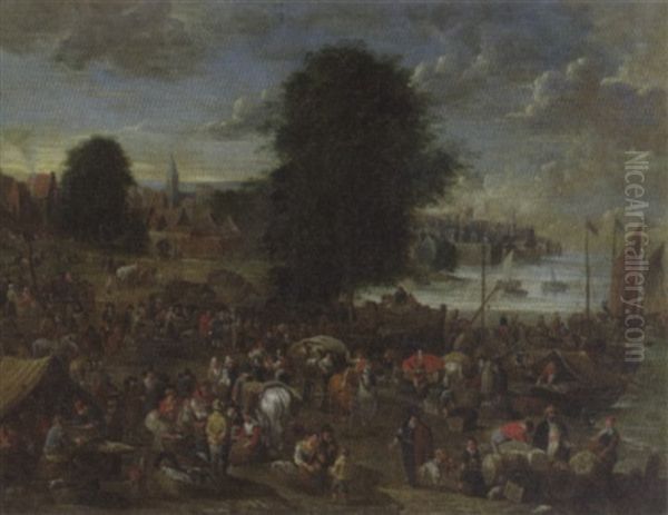 View Of A Crowded Market With Village And Harbor In The Distance Oil Painting by Alexander van Bredael