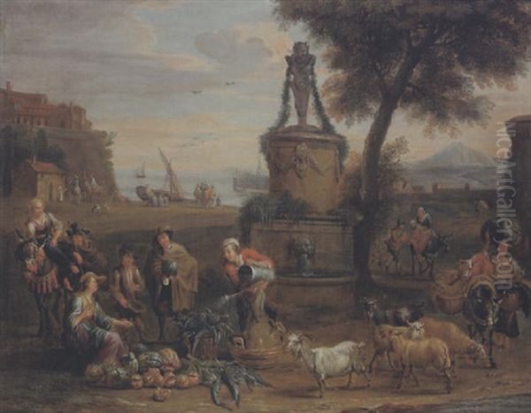 Gemuseverkauferin Und Viel Figuren In Einer Sudlandischen Hafenstadt Oil Painting by Alexander van Bredael