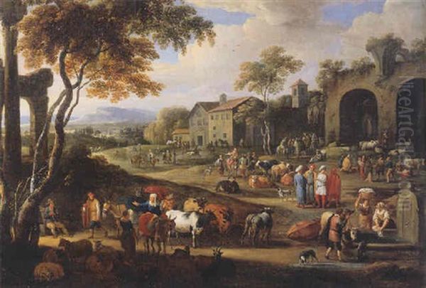 Peasants And Travellers In A Village In An Italianate Landscape Oil Painting by Alexander van Bredael