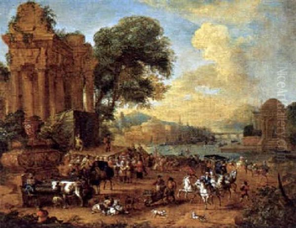 Vorstellung Einer Schauspielertruppe (commedia Dell'arte) Auf Einem Marktplatz Mit Antiken Ruinen Oil Painting by Alexander van Bredael