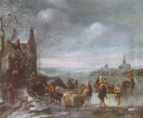 A Winter Landscape With Figures On A Frozen Canal  In Horse-drawn Sledges, Others Skating And Playing Kolf, A Town Beyond Oil Painting by Alexander van Bredael