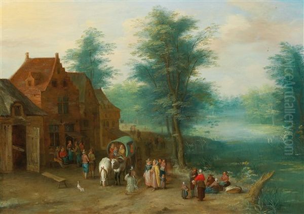 Travellers Resting By A River; And Travellers Resting By A Tavern Oil Painting by Joseph van Bredael