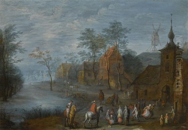 A River Passing Through A Village With Travellers And Figures Making Merry Oil Painting by Joseph van Bredael