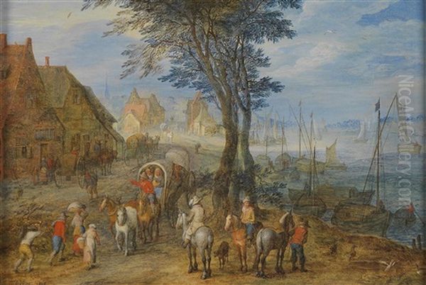 A Horse And Cart And Other Travellers On A Village Road Oil Painting by Joseph van Bredael