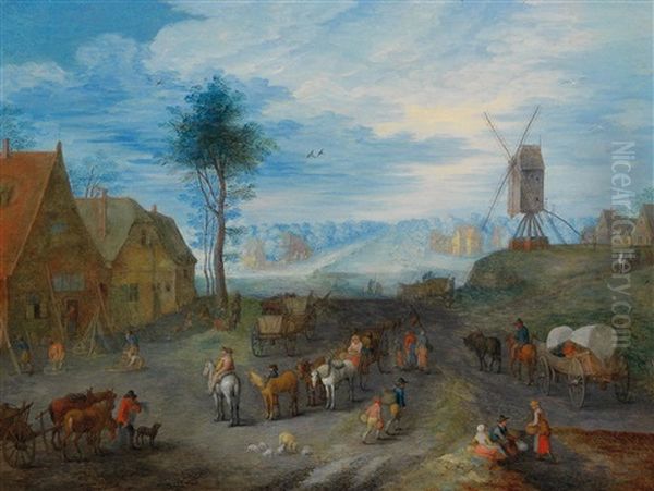 A Village Landscape With A Windmill And A Covered Wagon Oil Painting by Joseph van Bredael