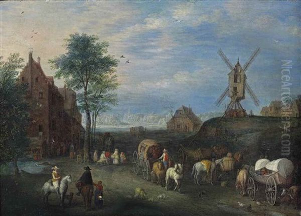 A Landscape With Travellers On A Road In A Village, A Windmill Nearby Oil Painting by Joseph van Bredael