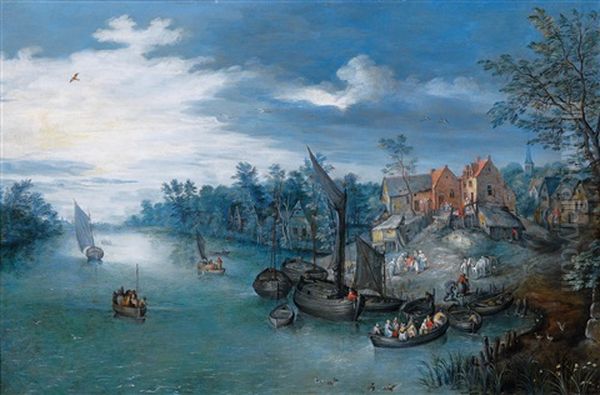 A River Landscape With Boats And A Village Beyond Oil Painting by Joseph van Bredael